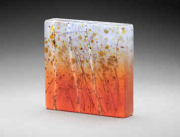 Autumn Color Through Birches, 2024, 6" x 6" x 1&frac14;", kiln-formed glass